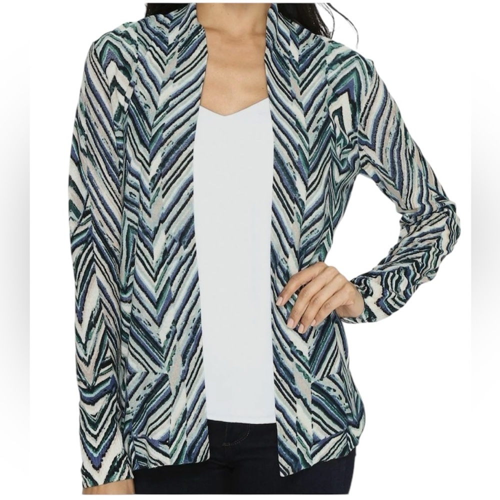 NIC+ZOE Cream/Teal/Navy Open Front Chevron Linen Sweater Size Medium MSRP $168